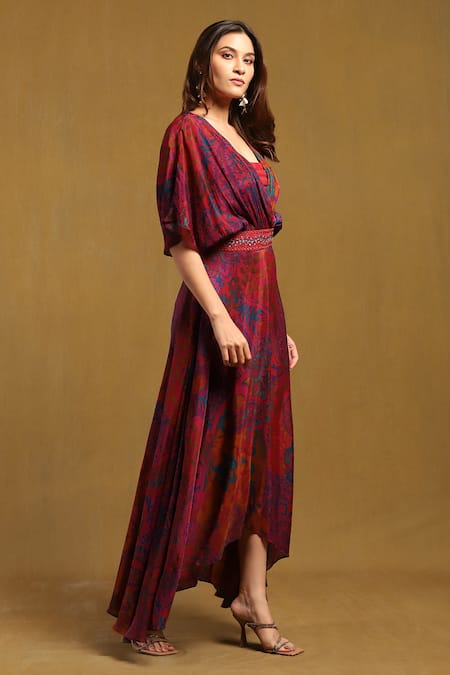 Shop_Ritu Kumar_Pink Viscose V-neck Dewey Asymmetric Printed Dress _Online_at_Aza_Fashions