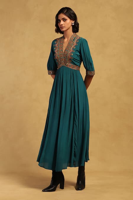 Ritu Kumar Green Viscose, Crepe Embroidery V-neck Prishan Yoke Dress Online at Aza Fashions Ritu Kumar_Green Viscose, Crepe Embroidery V-neck Prishan Yoke Dress _Online_at_Aza_Fashions