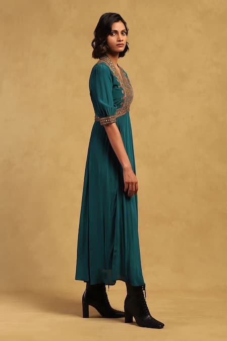 Buy Ritu Kumar Green Viscose, Crepe Embroidery V-neck Prishan Yoke Dress Online at Aza Fashions Buy_Ritu Kumar_Green Viscose, Crepe Embroidery V-neck Prishan Yoke Dress _Online_at_Aza_Fashions