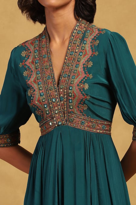 Shop Ritu Kumar Green Viscose, Crepe Embroidery V-neck Prishan Yoke Dress Online at Aza Fashions Shop_Ritu Kumar_Green Viscose, Crepe Embroidery V-neck Prishan Yoke Dress _Online_at_Aza_Fashions