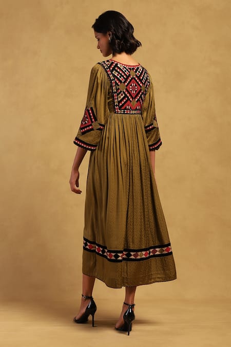 Shop Ritu Kumar Green Viscose Satin Dobby Embroidered Geometric Round Millary Placement Dress at Aza Fashions Shop_Ritu Kumar_Green Viscose Satin Dobby Embroidered Geometric Round Millary Placement Dress _at_Aza_Fashions