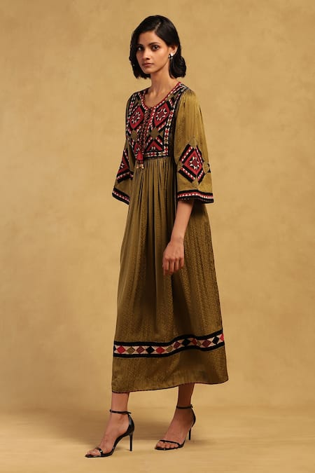 Ritu Kumar Green Viscose Satin Dobby Embroidered Geometric Round Millary Placement Dress Online at Aza Fashions Ritu Kumar_Green Viscose Satin Dobby Embroidered Geometric Round Millary Placement Dress _Online_at_Aza_Fashions