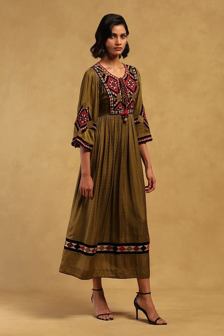 Buy Ritu Kumar Green Viscose Satin Dobby Embroidered Geometric Round Millary Placement Dress Online at Aza Fashions Buy_Ritu Kumar_Green Viscose Satin Dobby Embroidered Geometric Round Millary Placement Dress _Online_at_Aza_Fashions