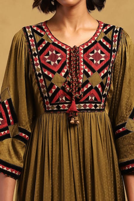 Shop Ritu Kumar Green Viscose Satin Dobby Embroidered Geometric Round Millary Placement Dress Online at Aza Fashions Shop_Ritu Kumar_Green Viscose Satin Dobby Embroidered Geometric Round Millary Placement Dress _Online_at_Aza_Fashions