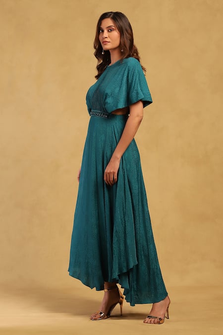 Ritu Kumar Green Viscose, Lycra, Satin Embroidery Shell Embellished Dress With Bustier Online at Aza Fashions Ritu Kumar_Green Viscose, Lycra, Satin Embroidery Shell Embellished Dress With Bustier _Online_at_Aza_Fashions