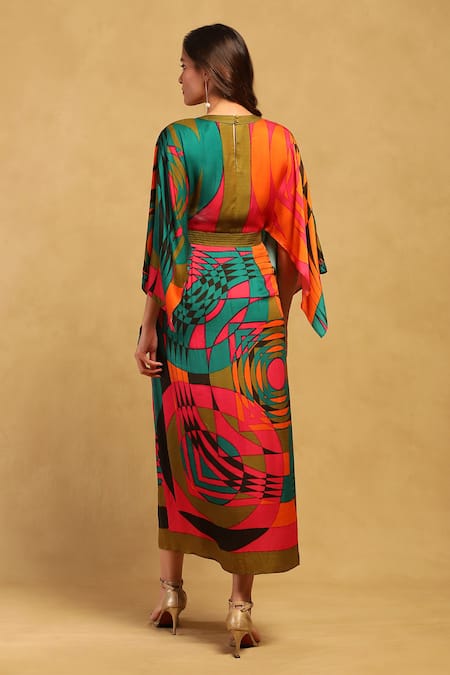 Shop_Ritu Kumar_Multi Color Satin Round Neck Printed Kaftan Dress _at_Aza_Fashions