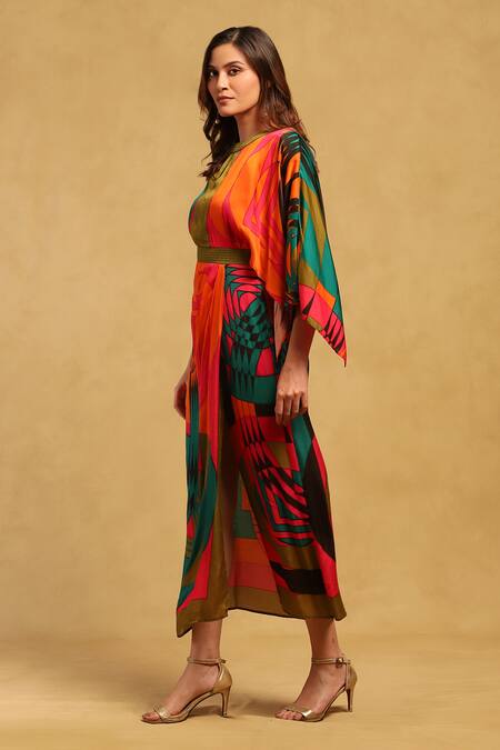 Ritu Kumar_Multi Color Satin Round Neck Printed Kaftan Dress _Online_at_Aza_Fashions
