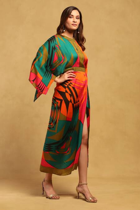 Buy_Ritu Kumar_Multi Color Satin Round Neck Printed Kaftan Dress _Online_at_Aza_Fashions