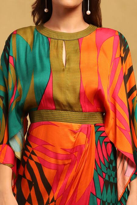 Shop_Ritu Kumar_Multi Color Satin Round Neck Printed Kaftan Dress _Online_at_Aza_Fashions