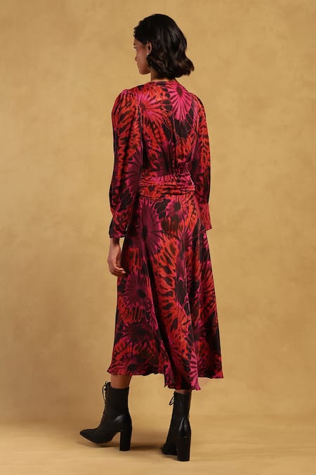 Shop Ritu Kumar Red Satin V-neck Hriday Abstract Print Dress at Aza Fashions Shop_Ritu Kumar_Red Satin V-neck Hriday Abstract Print Dress _at_Aza_Fashions