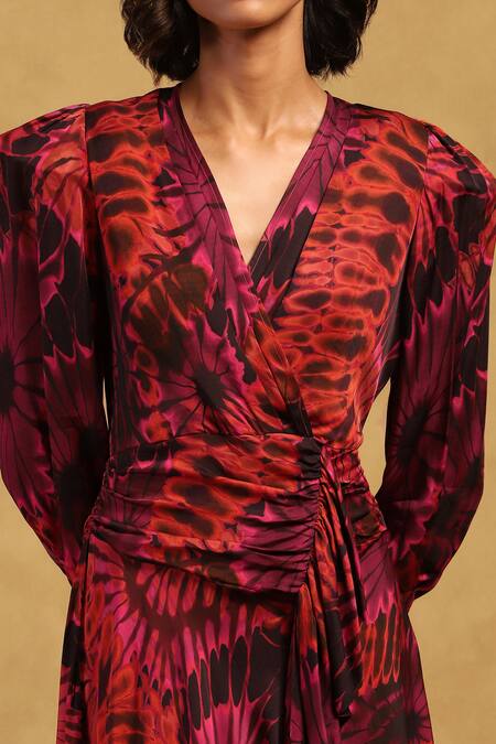 Shop Ritu Kumar Red Satin V-neck Hriday Abstract Print Dress Online at Aza Fashions Shop_Ritu Kumar_Red Satin V-neck Hriday Abstract Print Dress _Online_at_Aza_Fashions