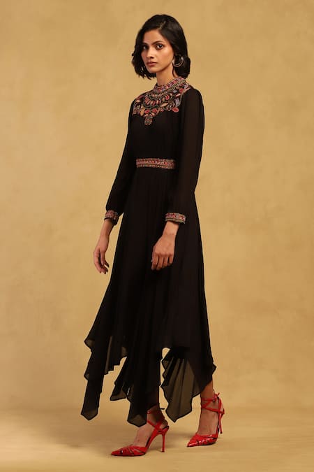Ritu Kumar_Black Viscose, Chiffon Embroidery High Velentine Embellished Asymmetric Dress _Online_at_Aza_Fashions