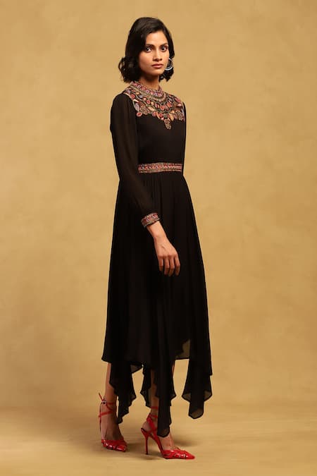 Buy_Ritu Kumar_Black Viscose, Chiffon Embroidery High Velentine Embellished Asymmetric Dress _Online_at_Aza_Fashions