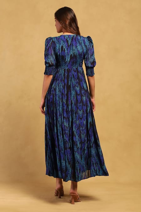 Shop Ritu Kumar Blue Viscose Chiffon Printed Geometric Notched Niagra Dress at Aza Fashions Shop_Ritu Kumar_Blue Viscose Chiffon Printed Geometric Notched Niagra Dress _at_Aza_Fashions