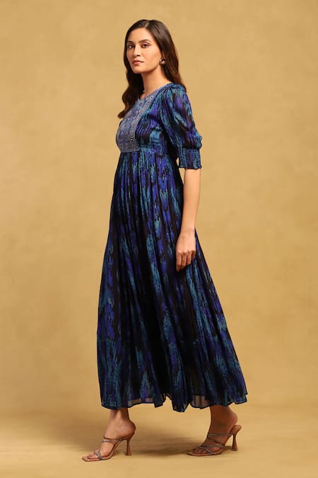 Ritu Kumar Blue Viscose Chiffon Printed Geometric Notched Niagra Dress Online at Aza Fashions Ritu Kumar_Blue Viscose Chiffon Printed Geometric Notched Niagra Dress _Online_at_Aza_Fashions