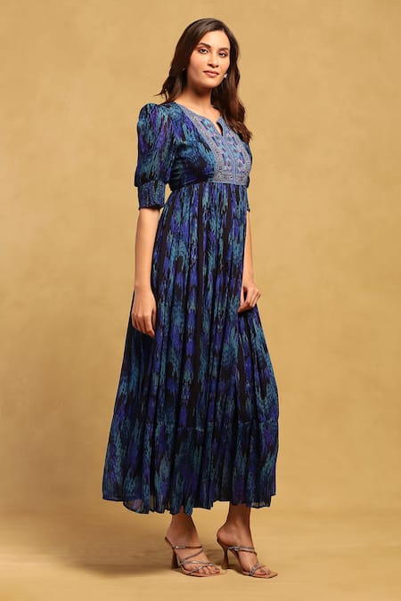 Buy Ritu Kumar Blue Viscose Chiffon Printed Geometric Notched Niagra Dress Online at Aza Fashions Buy_Ritu Kumar_Blue Viscose Chiffon Printed Geometric Notched Niagra Dress _Online_at_Aza_Fashions