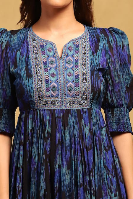 Shop Ritu Kumar Blue Viscose Chiffon Printed Geometric Notched Niagra Dress Online at Aza Fashions Shop_Ritu Kumar_Blue Viscose Chiffon Printed Geometric Notched Niagra Dress _Online_at_Aza_Fashions