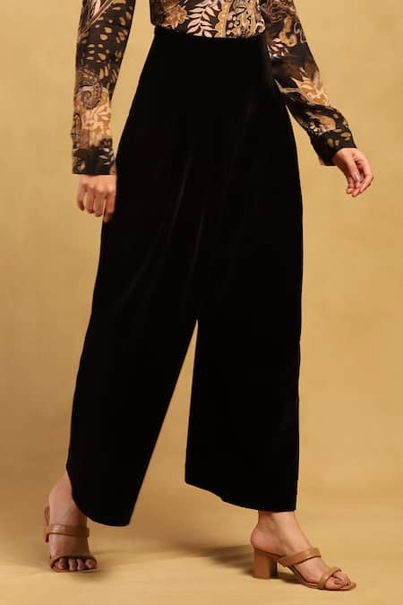 Shop_Ritu Kumar_Black Velvet Coal Solid Pant_Online_at_Aza_Fashions