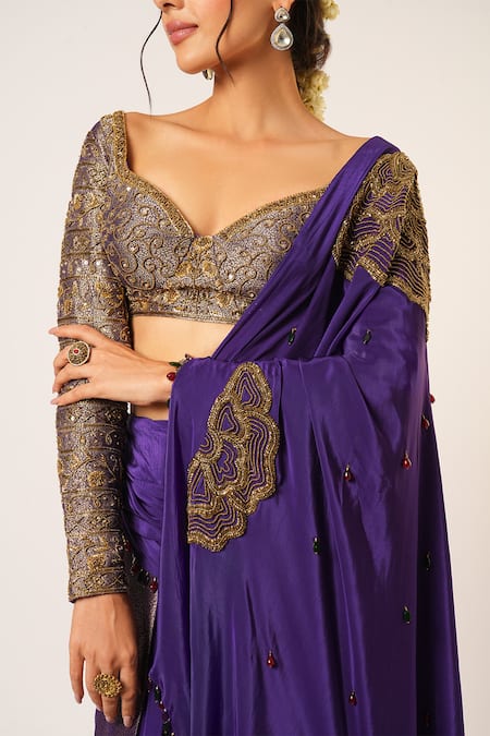 Aayushi Maniar Blue Crepe, Silk, Brocade Ambika Floral Embroidered Pre-draped Saree With Blouse Online at Aza Fashions Aayushi Maniar_Blue Crepe, Silk, Brocade Ambika Floral Embroidered Pre-draped Saree With Blouse _Online_at_Aza_Fashions