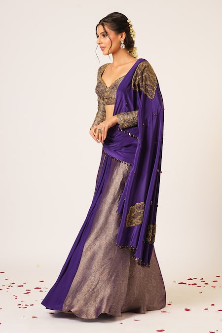 Buy Aayushi Maniar Blue Crepe, Silk, Brocade Ambika Floral Embroidered Pre-draped Saree With Blouse Online at Aza Fashions Buy_Aayushi Maniar_Blue Crepe, Silk, Brocade Ambika Floral Embroidered Pre-draped Saree With Blouse _Online_at_Aza_Fashions