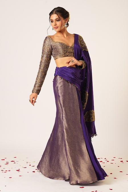 Shop Aayushi Maniar Blue Crepe, Silk, Brocade Ambika Floral Embroidered Pre-draped Saree With Blouse Online at Aza Fashions Shop_Aayushi Maniar_Blue Crepe, Silk, Brocade Ambika Floral Embroidered Pre-draped Saree With Blouse _Online_at_Aza_Fashions