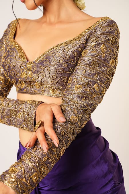 Aayushi Maniar Blue Crepe, Silk, Brocade Ambika Floral Embroidered Pre-draped Saree With Blouse at Aza Fashions Aayushi Maniar_Blue Crepe, Silk, Brocade Ambika Floral Embroidered Pre-draped Saree With Blouse _at_Aza_Fashions