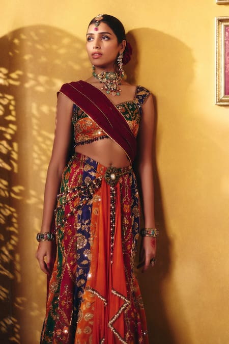 Buy_Aayushi Maniar_Multi Color Georgette, Organza Pearls, Amrapali Floral Kalidar Lehenga Set _Online_at_Aza_Fashions