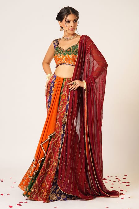 Buy_Aayushi Maniar_Multi Color Georgette, Organza Pearls, Amrapali Floral Kalidar Lehenga Set 