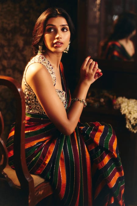 Buy_Aayushi Maniar_Multi Color Organza Beads, Tassels Apsara Stripe Embroidered Saree With Blouse _Online_at_Aza_Fashions