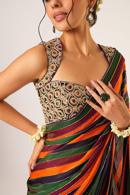 Shop_Aayushi Maniar_Multi Color Organza Beads, Tassels Apsara Stripe Embroidered Saree With Blouse _Online_at_Aza_Fashions