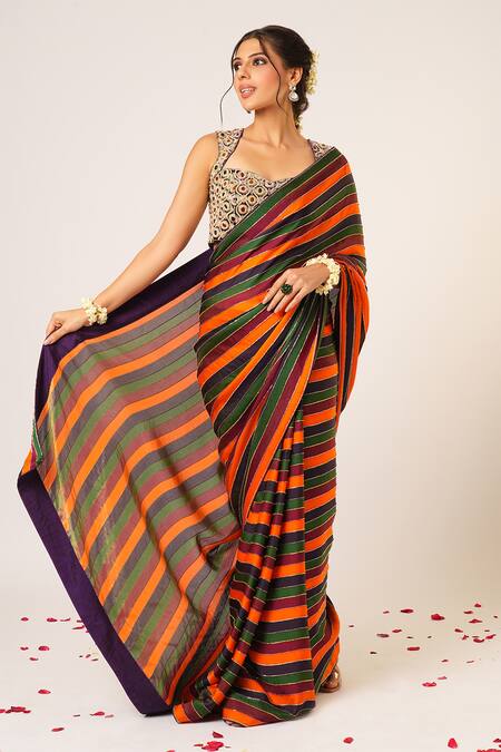 Aayushi Maniar_Multi Color Organza Beads, Tassels Apsara Stripe Embroidered Saree With Blouse _at_Aza_Fashions