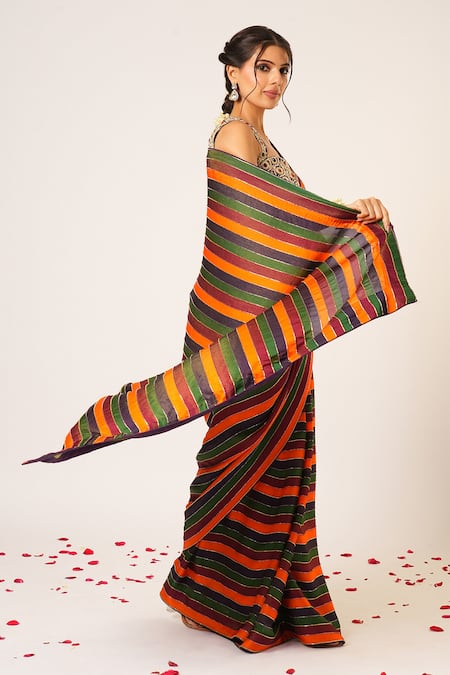 Buy_Aayushi Maniar_Multi Color Organza Beads, Tassels Apsara Stripe Embroidered Saree With Blouse 