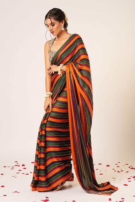 Shop_Aayushi Maniar_Multi Color Organza Beads, Tassels Apsara Stripe Embroidered Saree With Blouse 