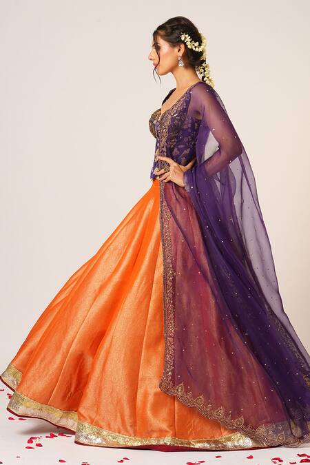 Aayushi Maniar Orange Brocade, Organza Zari, Embroidery Floral Banarasi Kalidar Lehenga Set Online at Aza Fashions Aayushi Maniar_Orange Brocade, Organza Zari, Embroidery Floral Banarasi Kalidar Lehenga Set _Online_at_Aza_Fashions