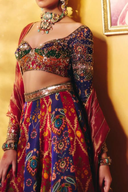 Buy_Aayushi Maniar_Multi Color Tissue, Organza Indrani Floral Embroidered Kalidar Lehenga Set _Online_at_Aza_Fashions