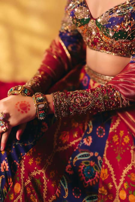 Shop_Aayushi Maniar_Multi Color Tissue, Organza Indrani Floral Embroidered Kalidar Lehenga Set _Online_at_Aza_Fashions