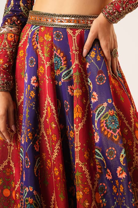 Buy_Aayushi Maniar_Multi Color Tissue, Organza Indrani Floral Embroidered Kalidar Lehenga Set 