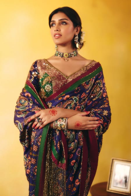 Buy Aayushi Maniar Blue Silk, Organza, Brocade Indumati Floral Embroidered Saree With Blouse Online at Aza Fashions Buy_Aayushi Maniar_Blue Silk, Organza, Brocade Indumati Floral Embroidered Saree With Blouse _Online_at_Aza_Fashions