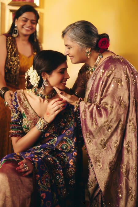 Shop Aayushi Maniar Blue Silk, Organza, Brocade Indumati Floral Embroidered Saree With Blouse Online at Aza Fashions Shop_Aayushi Maniar_Blue Silk, Organza, Brocade Indumati Floral Embroidered Saree With Blouse _Online_at_Aza_Fashions