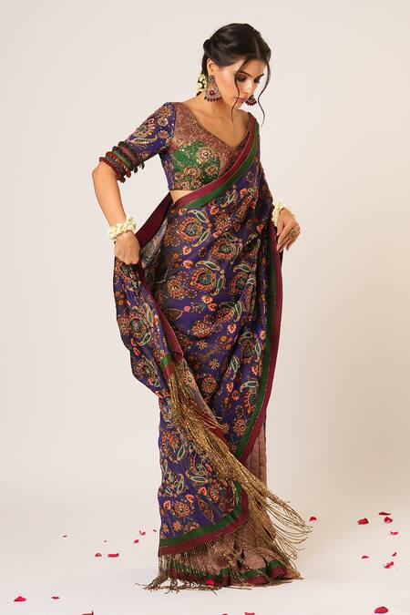 Buy Aayushi Maniar Blue Silk, Organza, Brocade Indumati Floral Embroidered Saree With Blouse Buy_Aayushi Maniar_Blue Silk, Organza, Brocade Indumati Floral Embroidered Saree With Blouse