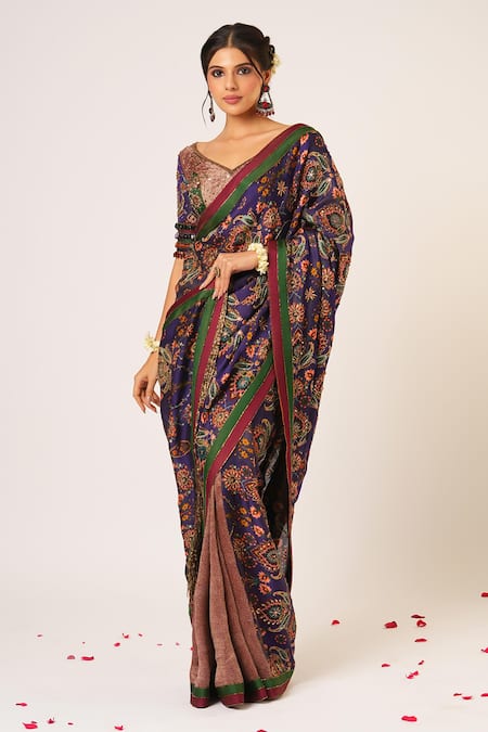 Shop Aayushi Maniar Blue Silk, Organza, Brocade Indumati Floral Embroidered Saree With Blouse Shop_Aayushi Maniar_Blue Silk, Organza, Brocade Indumati Floral Embroidered Saree With Blouse