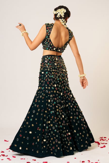 Aayushi Maniar_Black Velvet Beads, Stones Maya Crystal Embroidered Fishcut Lehenga With Blouse _Online_at_Aza_Fashions