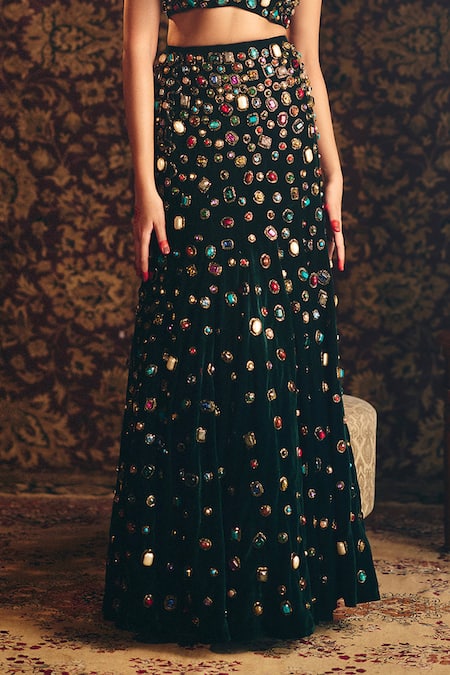 Buy_Aayushi Maniar_Black Velvet Beads, Stones Maya Crystal Embroidered Fishcut Lehenga With Blouse _Online_at_Aza_Fashions
