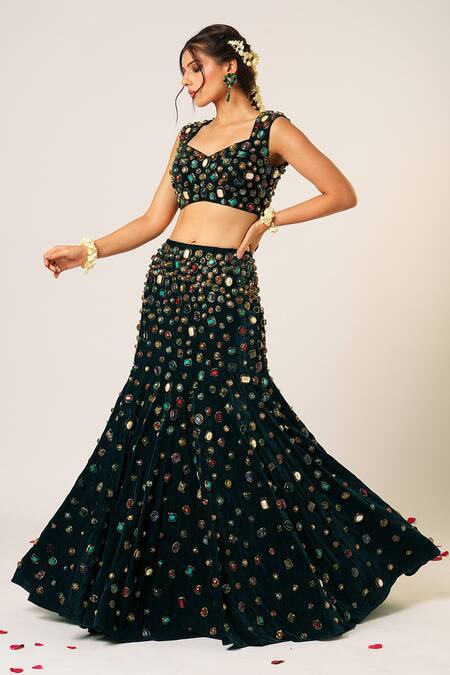Aayushi Maniar_Black Velvet Beads, Stones Maya Crystal Embroidered Fishcut Lehenga With Blouse _at_Aza_Fashions