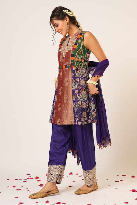 Buy_Aayushi Maniar_Multi Color Organza, Silk, Georgette Beads, Mayuri Patchwork Kurta And Pant Set 