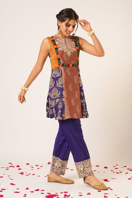 Shop_Aayushi Maniar_Multi Color Organza, Silk, Georgette Beads, Mayuri Patchwork Kurta And Pant Set 