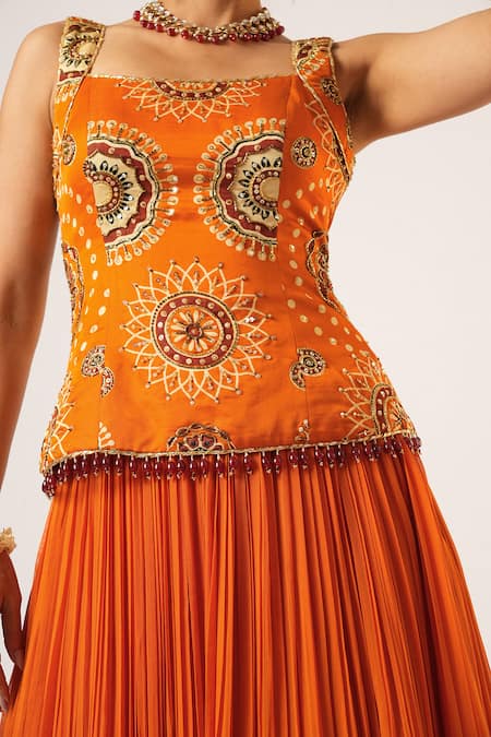 Aayushi Maniar Orange Organza, Georgette Pearls, Golakari Embroidered Pleated Lehenga Set Online at Aza Fashions Aayushi Maniar_Orange Organza, Georgette Pearls, Golakari Embroidered Pleated Lehenga Set _Online_at_Aza_Fashions