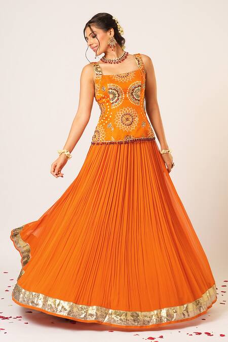 Buy Aayushi Maniar Orange Organza, Georgette Pearls, Golakari Embroidered Pleated Lehenga Set Online at Aza Fashions Buy_Aayushi Maniar_Orange Organza, Georgette Pearls, Golakari Embroidered Pleated Lehenga Set _Online_at_Aza_Fashions