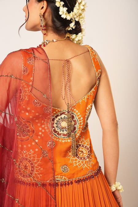 Shop Aayushi Maniar Orange Organza, Georgette Pearls, Golakari Embroidered Pleated Lehenga Set Online at Aza Fashions Shop_Aayushi Maniar_Orange Organza, Georgette Pearls, Golakari Embroidered Pleated Lehenga Set _Online_at_Aza_Fashions