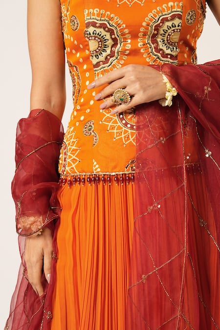 Aayushi Maniar Orange Organza, Georgette Pearls, Golakari Embroidered Pleated Lehenga Set at Aza Fashions Aayushi Maniar_Orange Organza, Georgette Pearls, Golakari Embroidered Pleated Lehenga Set _at_Aza_Fashions